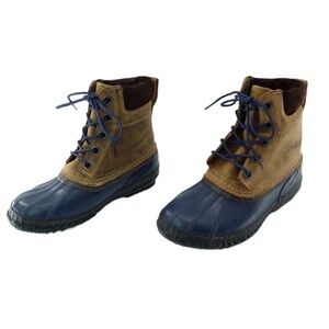 Sorel Unisex Cheyenne Duck Boots Sz 3 Tan Navy Lace Up Waterproof Rain Snow